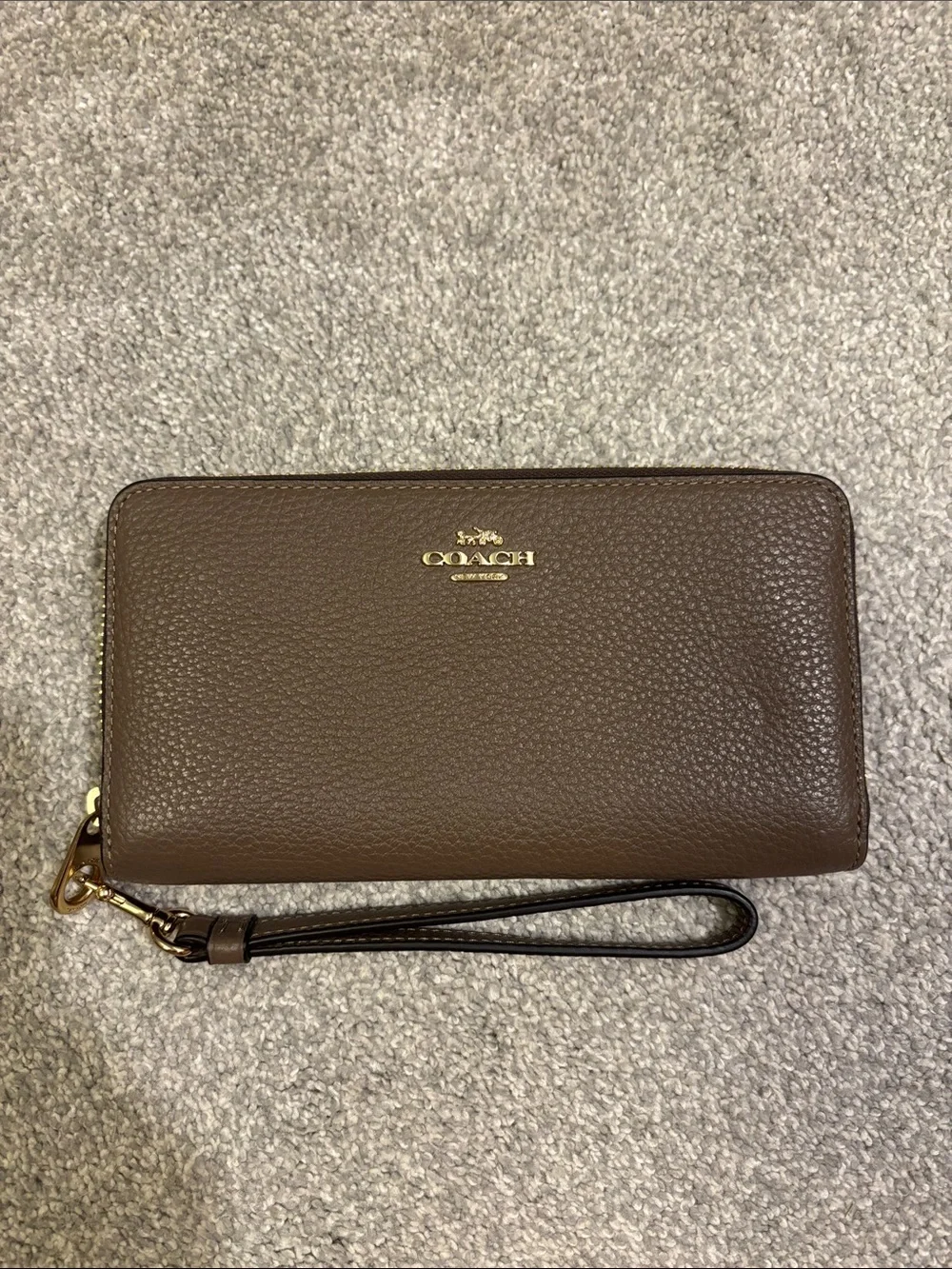 COACH Brown Pebbled Leather Zip-Around Wristlet